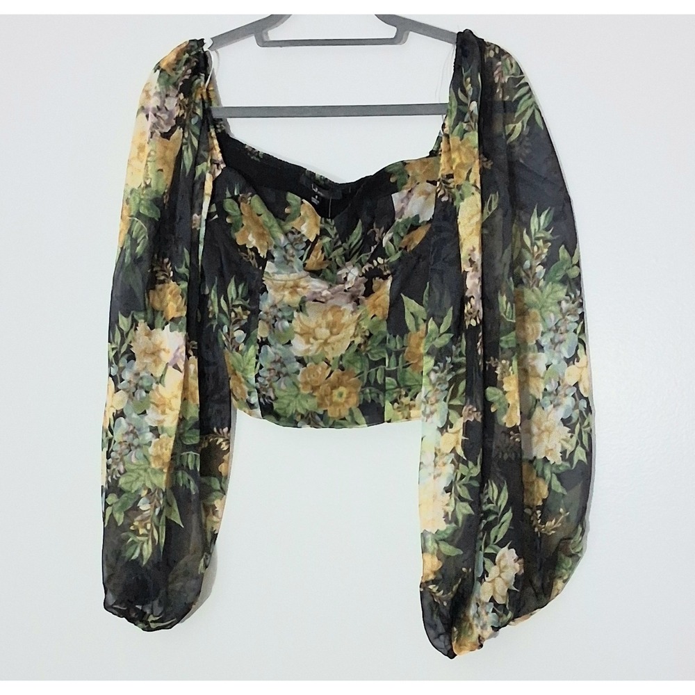 Lulus Bustier Crop Top Size Small Botanical Balloon Sleeve Y2K Boho Flowy NEW